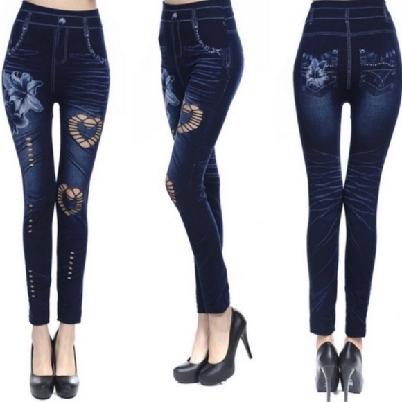 New Sick Fashion Heart Stretchy Jean Style Leggings Lily Hollow Seconds - Picture 3 of 9